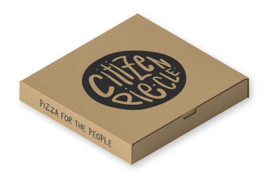 Citizen Pie circle logo shown on pizza box