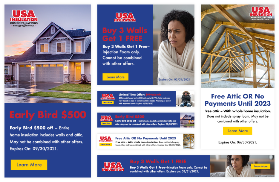 USA Insulation set of display ads for multiple offers