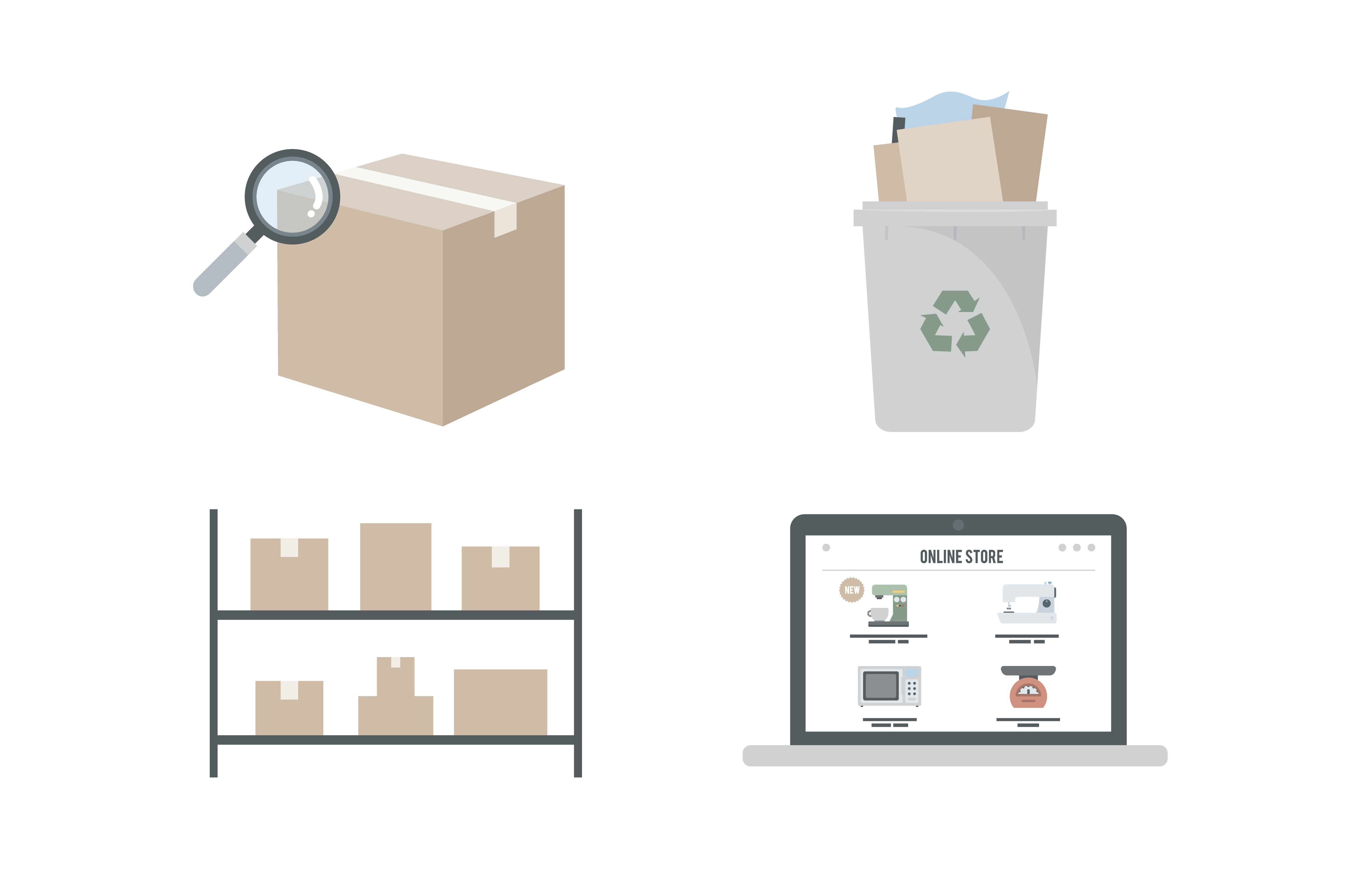 Box, recycling, stock shelves, and online shopping page illustrations.